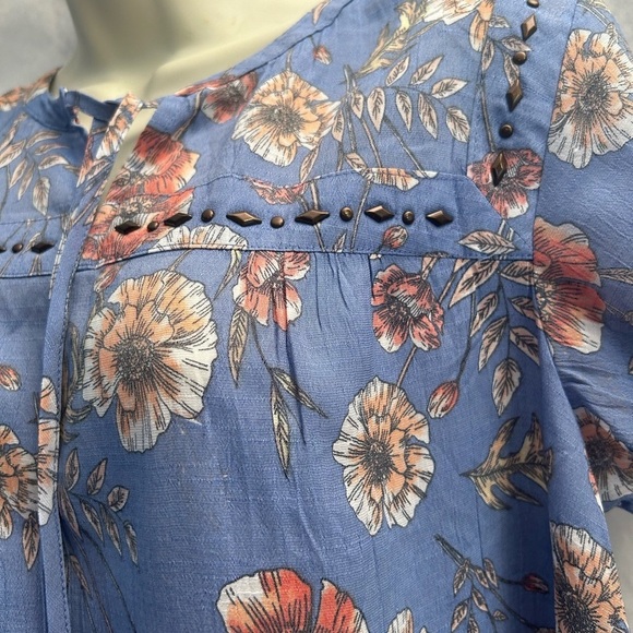 Lee Blue Floral Blouse top with Tie Front Sz-M. B1 - Picture 3 of 8